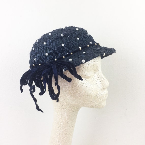 Vintage 1930s Navy Blue Straw Hat w/ Pearls