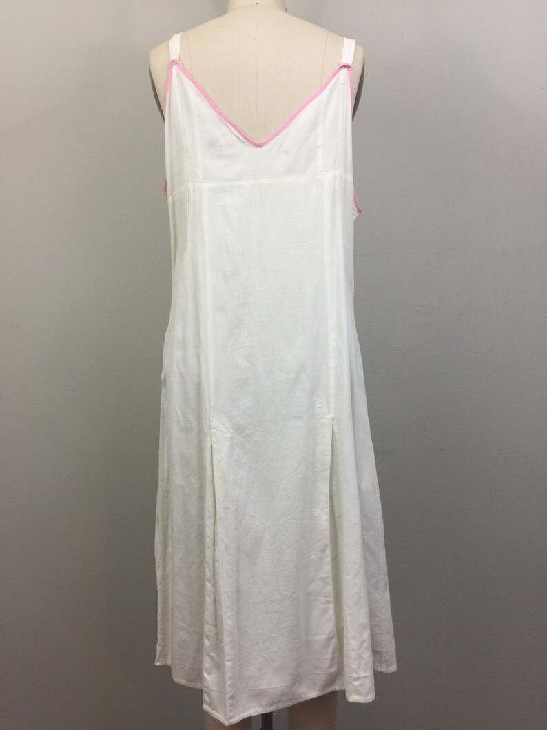 Vintage 1920s White Cotton Sundress w/ Pink Trim 20s Flapper Dress Deco M/L image 5