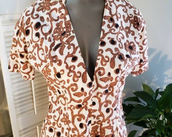 Vintage 40s 2 Piece Dress or Suit Taupe/Black print on White