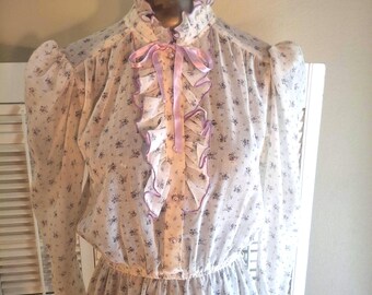 Vintage 70s Romantic Floral Print Puffy Sleeve Dress Semi Sheer / Med