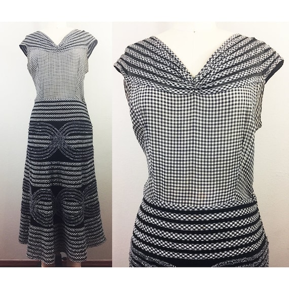 Vintage 50s Black White GINGHAM Textured Cotton an