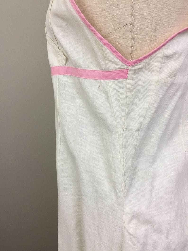 Vintage 1920s White Cotton Sundress w/ Pink Trim 20s Flapper Dress Deco M/L image 6