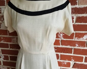 Vintage 50s/60s Beige Pencil Dress w/Trim MED Custom Tailored Joseph Mccarty