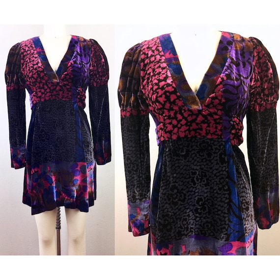 Vintage 70s Mix Print VELVET Mini Dress 1970s Patc
