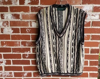 Vintage 80s / 90s Tundra V Neck Sweater Vest XL Cotton 3D Coogi like