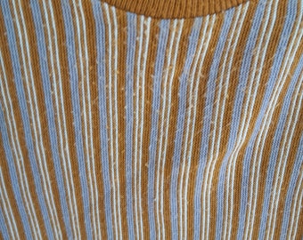 Vintage  60s/70s Striped Mock Neck Knit Pullover Short Sleeve / Unisex / Mustard and Blue