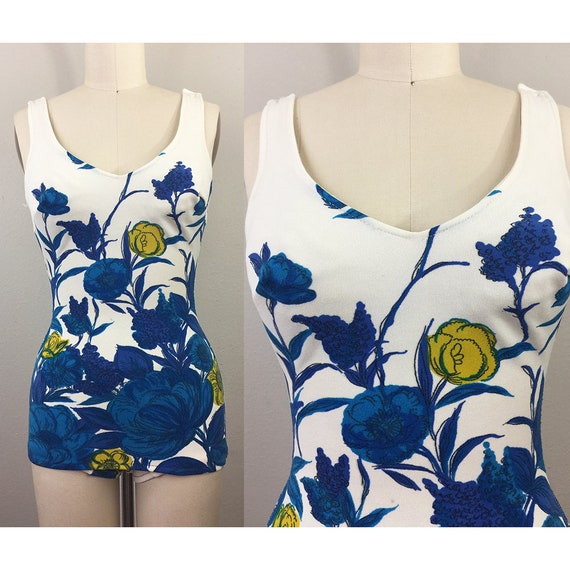 Vintage 1960s Mod Floral Swimsuit 60s XS