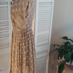 Paul Sachs 50/60s Original Semi Sheer Tan/White Polka Dot Shirtwaist Day Dress M/ image 5