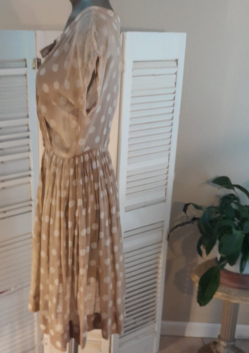 Paul Sachs 50/60s Original Semi Sheer Tan/White Polka Dot Shirtwaist Day Dress M/ image 5