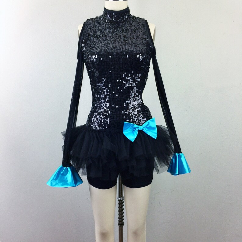 Vintage Black Cutout Sequin Dance Costume Tutu Bike Short Leotard Turquoise Satin Bow and Cuffs M