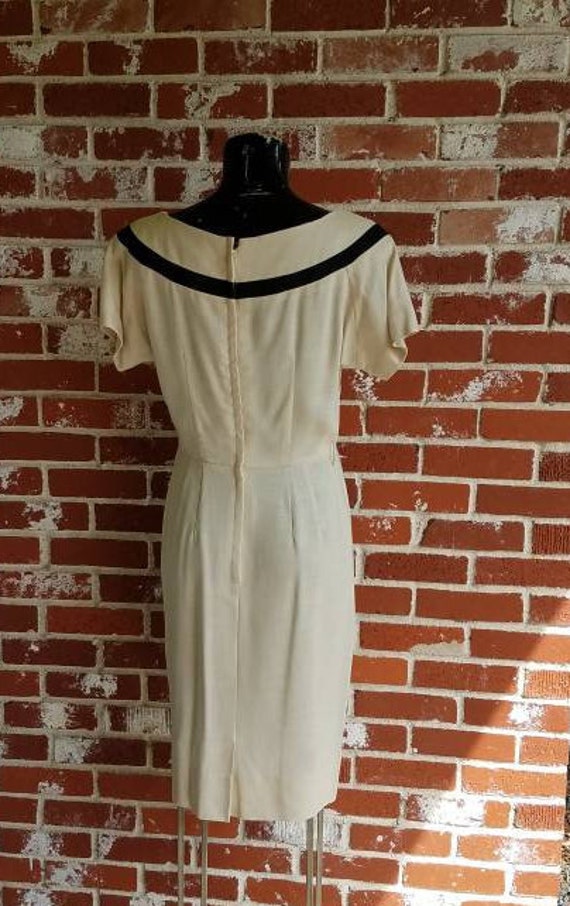 Vintage 50s/60s Beige Pencil Dress w/Trim MED Cus… - image 6