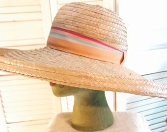 Vintage  40s Frank Olive Wide Brim Straw Hat