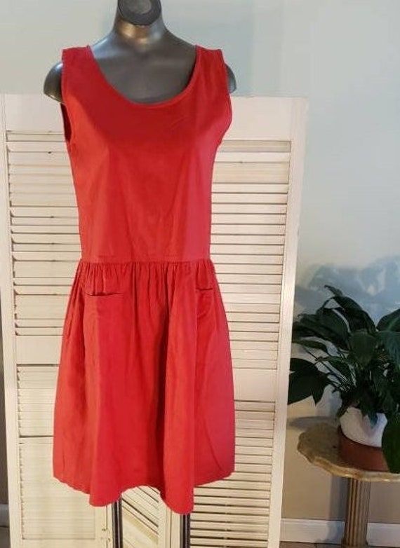 Vintage 80s/90s Red  Cotton Babydoll Dress w/Pocke