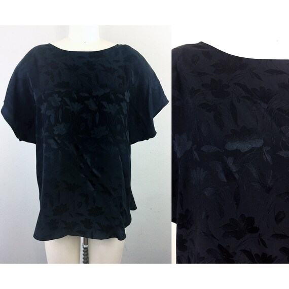 Vintage 80s FLORA KUNG Black Floral Silk Blouse To