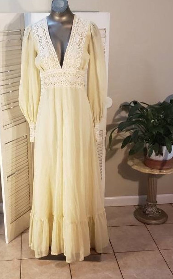 Vintage 70s Cotton Ivory Gunne Sax Dress Lace / W… - image 2