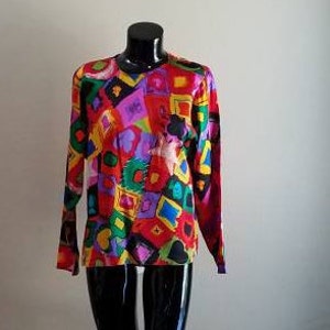 Vintage 80s Emmanuel Ungaro Clubs Diamonds Spades Hearts Neon Print Silk Shirt Blouse M image 1