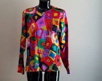 Vintage 80s Emmanuel Ungaro Clubs Diamonds Spades Hearts Neon Print Silk Shirt Blouse M