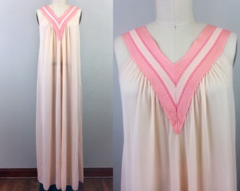 Vintage 70s Pink Nightgown w/ Striped Neckline 1970s Nylon Lingerie Kayser S