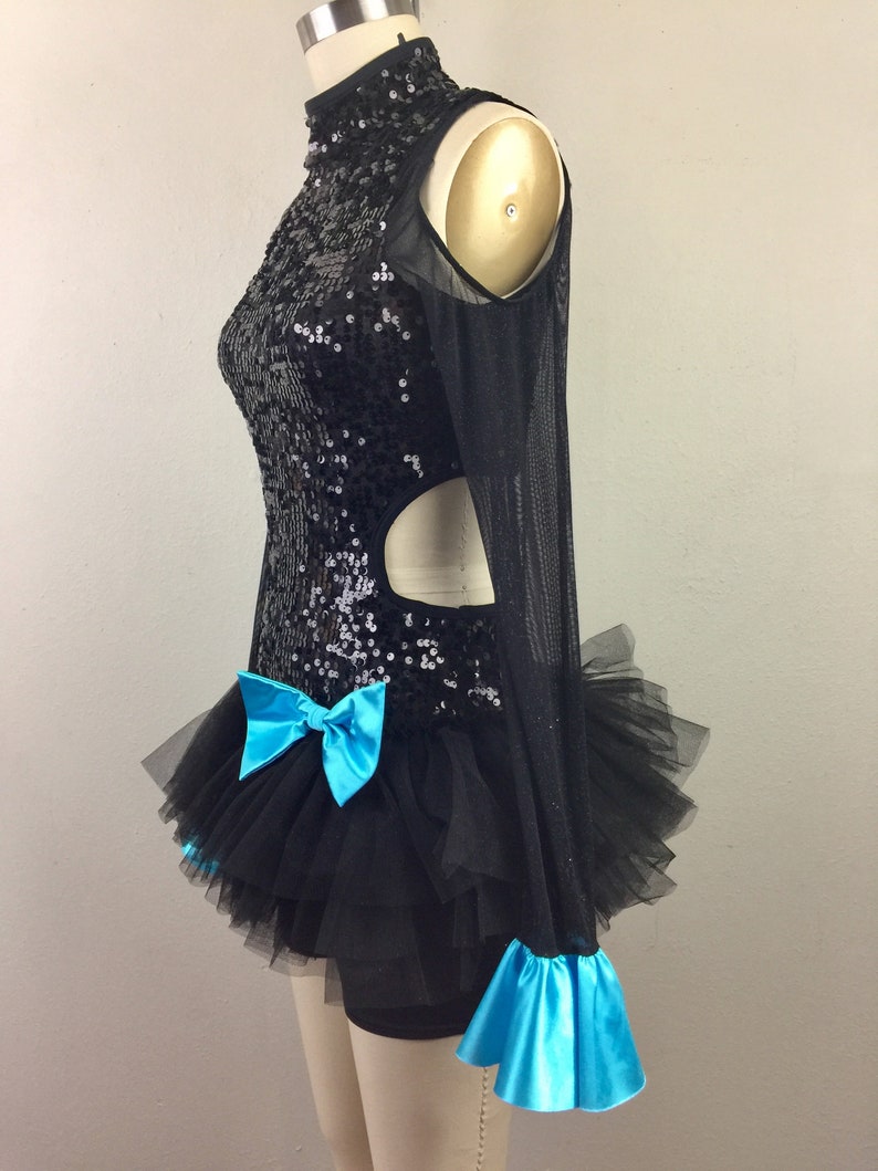 Vintage Black Cutout Sequin Dance Costume Tutu Bike Short Leotard Turquoise Satin Bow and Cuffs M