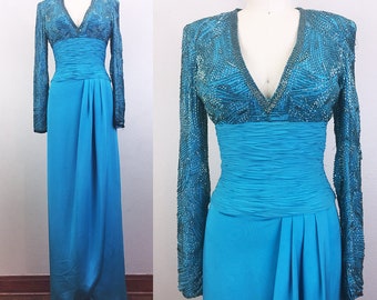 Vintage Blue Beaded Gown Silk Lillie Rubin Party Evening Dress 1990s S