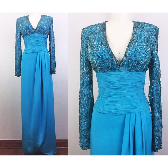 Vintage Blue Beaded Gown Silk Lillie Rubin Party … - image 1