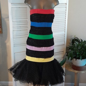 Vintage 80s  Victor Costa Strapless Party Dress Black Tulle /Colorful Ribbon / Bow Back / S