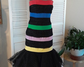 Vintage 80s  Victor Costa Strapless Party Dress Black Tulle /Colorful Ribbon / Bow Back / S
