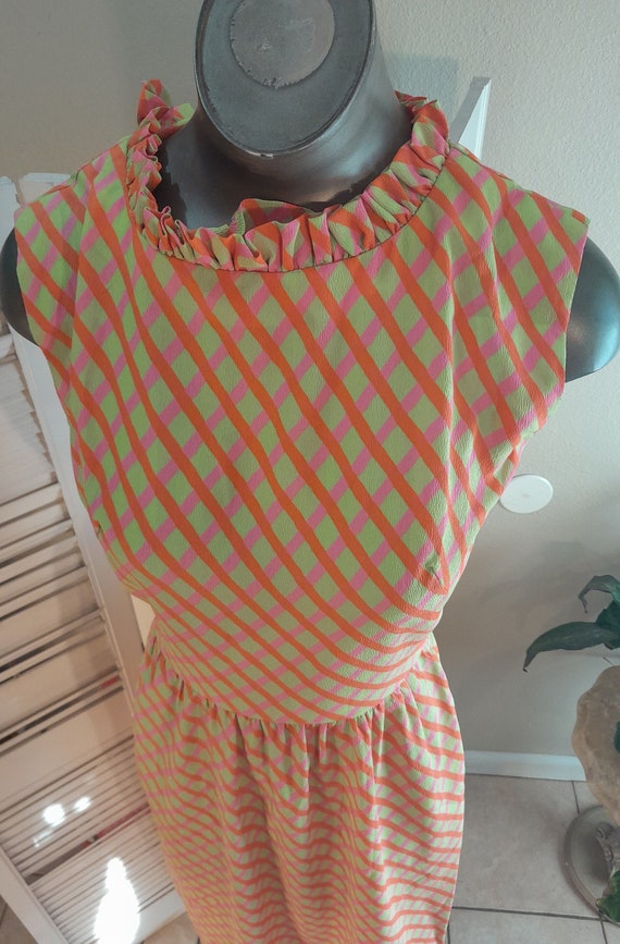 Vintage 60s Maxi Dress /Chartreuse /Pink?Orange Wh