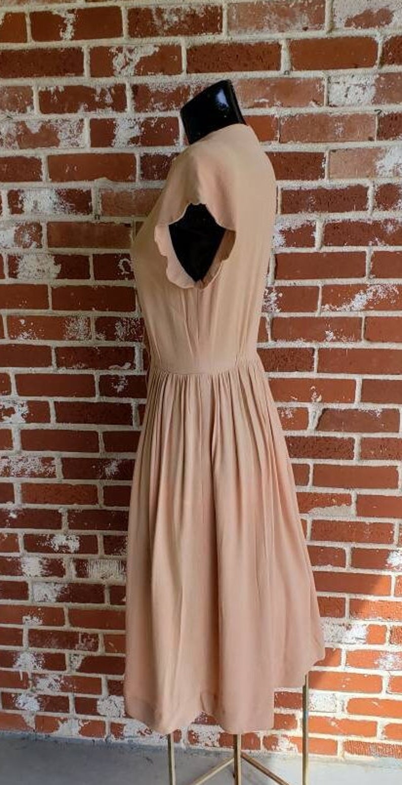 Vintage 40s Blush Pink Scallop Trim Crepe Dress RARE S/M image 6