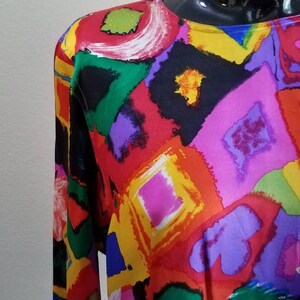 Vintage 80s Emmanuel Ungaro Clubs Diamonds Spades Hearts Neon Print Silk Shirt Blouse M image 3