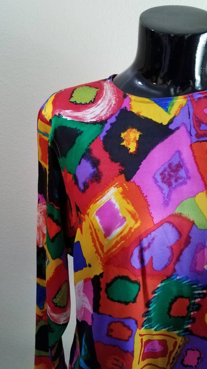 Vintage 80s Emmanuel Ungaro Clubs Diamonds Spades Hearts Neon Print Silk Shirt Blouse M image 3