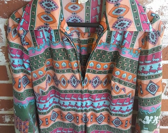 Vintage jaren '70 nieuwigheid print jumpsuit/puntige kraag/jersey stof/sz S