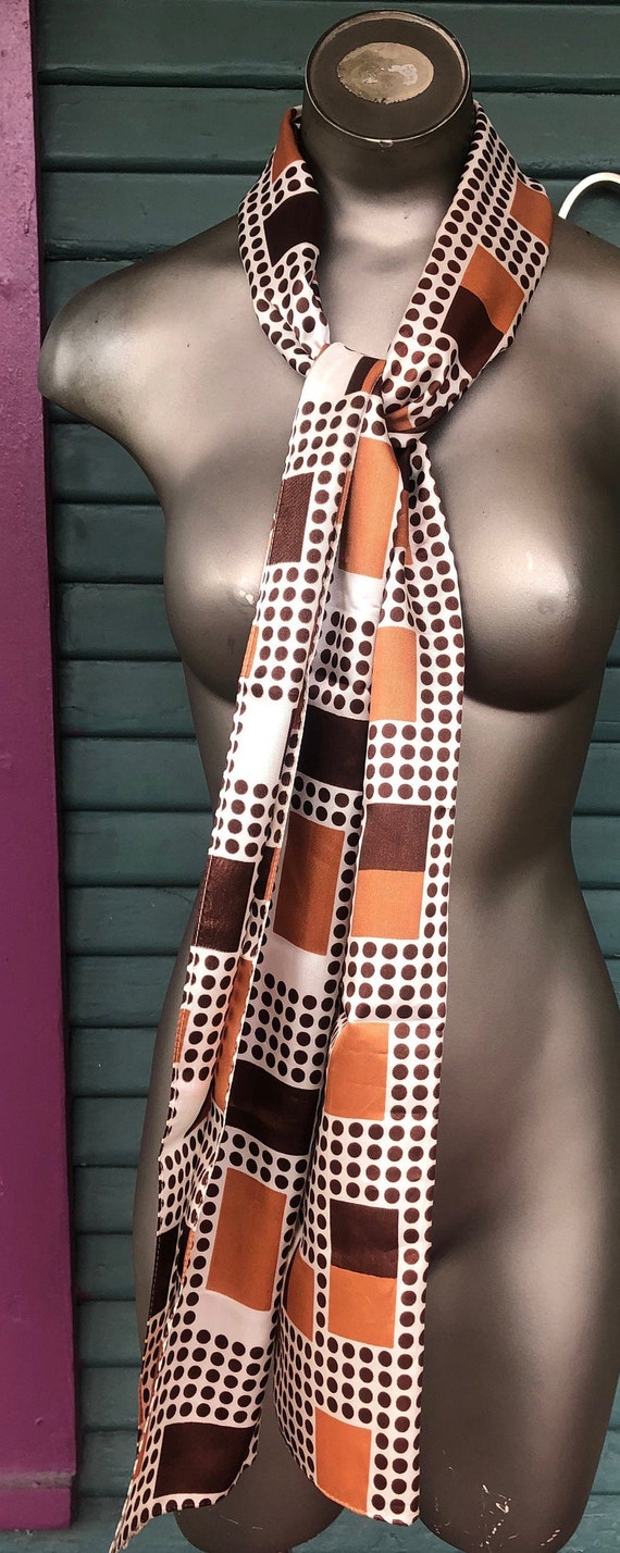 Vintage 70s Satin Geometric/Polka Dot Scarf  Long!