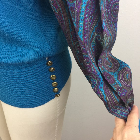 Vintage 80s 90s Blue Teal Abstract Paisley Sweate… - image 5