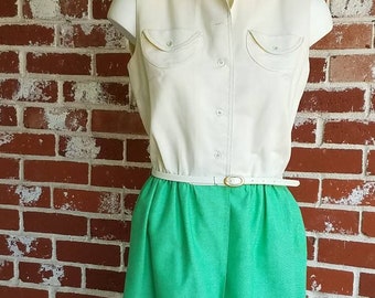 Vintage 60s Mod Green/Wh Dress w/Topstitch M