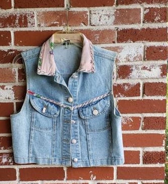 Vintage 80s Cropped Cotton Denim Vest New Wave /P… - image 1