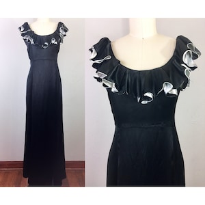 Vintage 30s Black Liquid Satin Gown Hollywood Glam Dress Ruffle Neck 1930s Party Evening S image 1