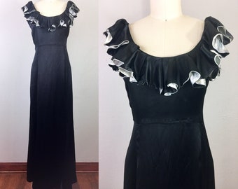 Vintage 30s Black Liquid Satin Gown Hollywood Glam Dress Ruffle Neck 1930s Party Evening S