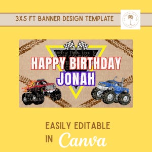 May include: A banner design template with the text "HAPPY BIRTHDAY JONAH" and two monster trucks. The banner is 3x5 ft and easily editable in Canva. The design includes tire tracks and checkered flags.