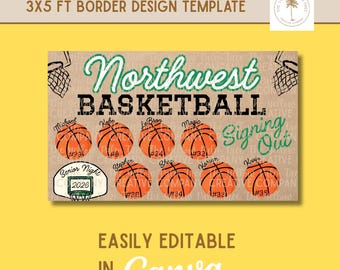 May include: A basketball-themed design template with the words "Northwest Basketball" in green and black. The design includes basketballs, player names, and the text "Signing Out." The template is easily editable in Canva.