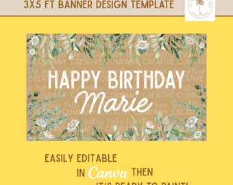 Boho Greenery Birthday Congratulations Painted Banner Template, Plants, Vines, Daises, Floral, Girls Banner