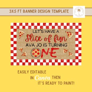 Puede incluir: Una plantilla de diseño de banner con fondo amarillo. El banner presenta rebanadas de pizza y una pizza, con el texto "Let's have a slice of fun. Ava Jo is turning one." El banner es fácilmente editable en Canva.
