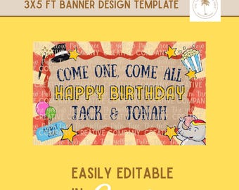 Circus Birthday Painted Banner Template / Come One Come All /Big Top Circus / Greatest Show on Earth / Brown Paper Banner/ Editable in Canva