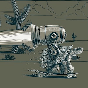 Può includere: Illustrazione di una tartaruga su uno skateboard con un motore a reazione. Lo sfondo presenta cactus e un paesaggio desertico. Include anche il testo "Nite Owl Ink".