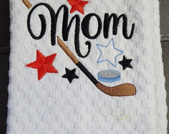 Hockey Mom Kitchen Towel, Embroidered Waffle Weave Cotton