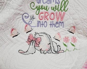 Baby Girl Quilt, Heirloom Bunny Theme Crib with Pink Gingham Edging