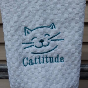 Cattitude kitchen towel. Cat lover. Cats embroidered kitchen towels. Kitchen towel. Cat