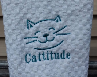 Cattitude kitchen towel. Cat lover. Cats embroidered kitchen towels. Kitchen towel. Cat