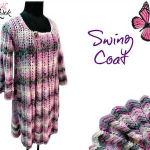 May include: A handmade crochet swing coat in shades of pink, gray, and white. The coat features a unique chevron pattern, three-quarter sleeves, and a decorative clasp. The text "Swing Coat" is displayed in purple.