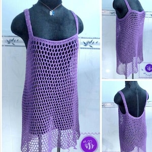 May include: Purple crochet tank dress with a net pattern. The dress is sleeveless and has a scoop neck.